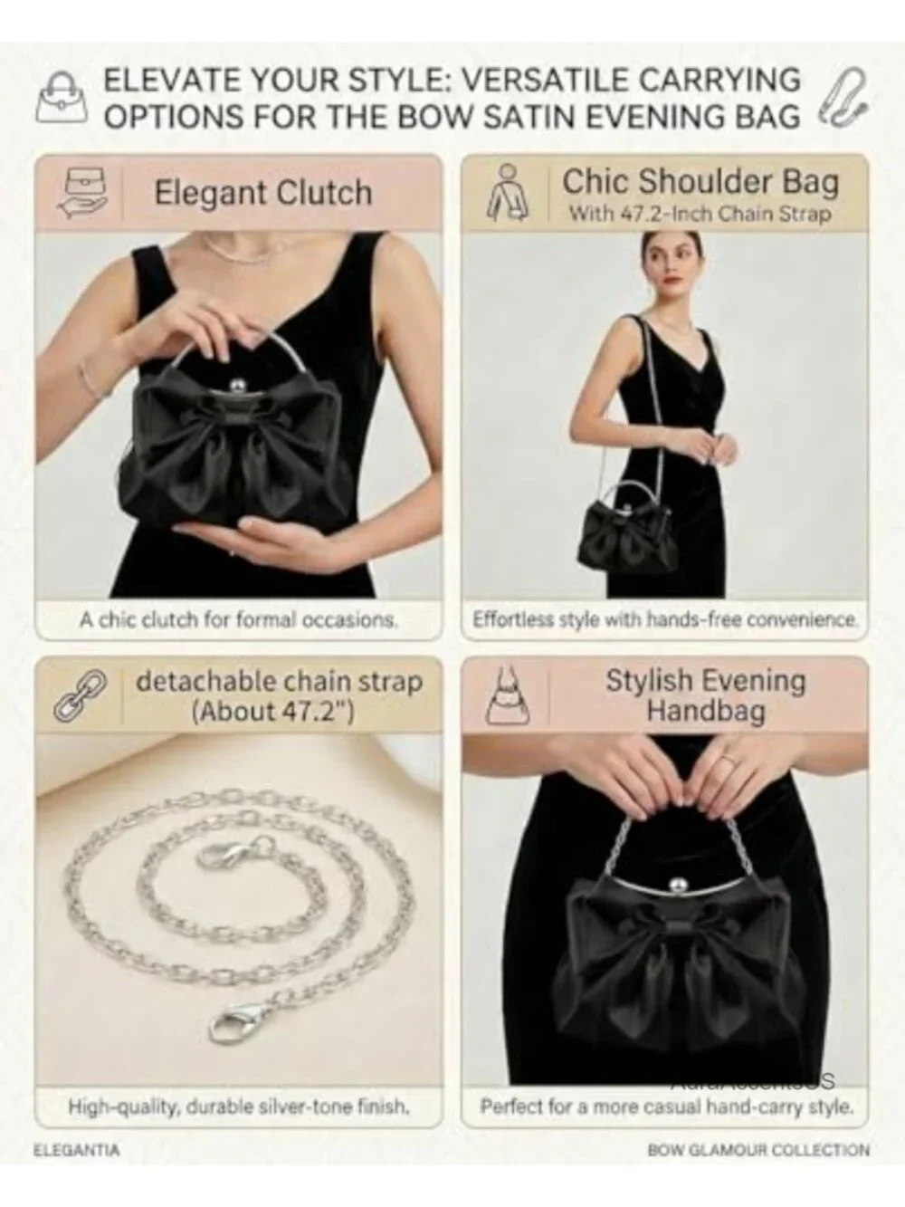 Satin Pleated Bow Evening Clutch with Chain Strap